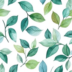 Scattered watercolor painted leaves in varying shades of green and teal