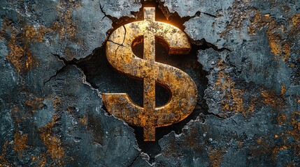Rusty dollar sign breaking through cracked stone wall; financial crisis concept; website, blog, or presentation