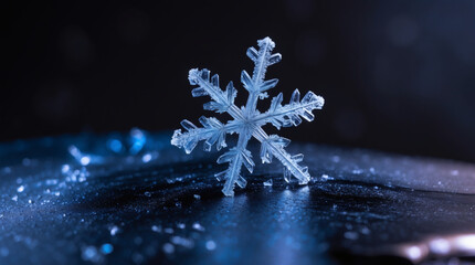 Frozen Beauty: A delicate snowflake shines against a dark background, showcasing nature's intricate artistry. Winter's touch in a single crystal.