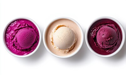 Obraz premium Colorful ice cream scoops in white bowls showcasing vibrant purple and creamy beige flavors against a clean white background for tasty dessert photography