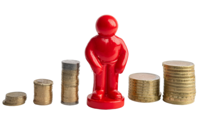 a red figure standing proudly in front of stacks of coins representing financial growth and success