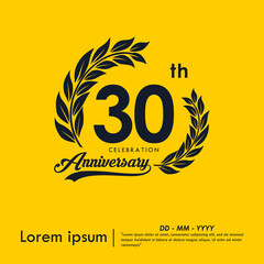 30th years anniversary celebration emblem. anniversary logo isolated with laurel wreath and ribbon on yellow background. vector illustration template design for web, flyers, poster, greeting card