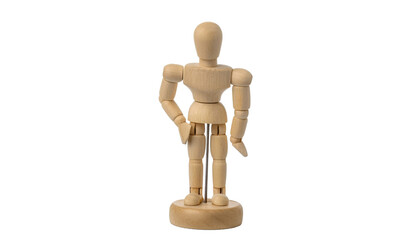 wooden mannequin poses in an artistic stance, against an isolated background