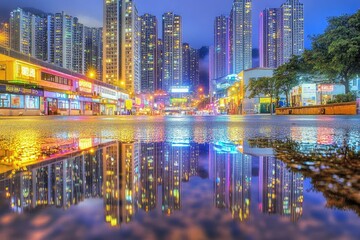 Obraz premium City street at night, reflecting in a puddle, showing vibrant lights and tall buildings