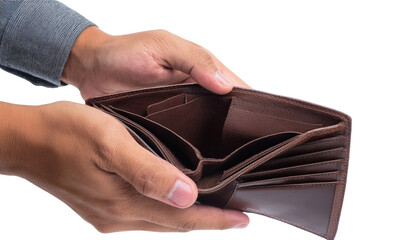 a man holding an empty wallet, symbolizing financial struggle or poverty. The wallet is open, with no money inside, and his hands are on display