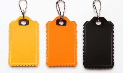 Colorful Plastic Tags in Yellow, Orange, and Black with Metal Clips for Organization, Labeling, and Decoration in Various Applications