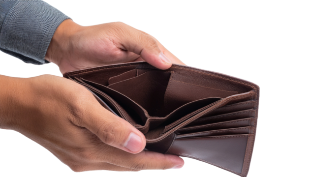 a man holding an empty wallet, symbolizing financial struggle or poverty. The wallet is open, with no money inside, and his hands are on display