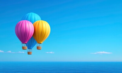 Vibrant Hot Air Balloons Floating Above Calm Ocean Under Clear Blue Sky with Soft Clouds and Beautiful Horizon During Daytime Adventure