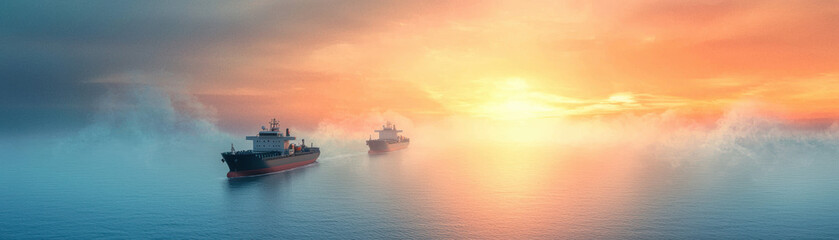 Fototapeta premium Ships sailing on calm waters during vibrant sunset, creating serene maritime scene