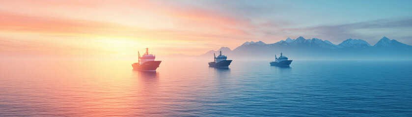 Obraz premium serene maritime scene with three cargo ships on calm waters during vibrant sunrise, with mountains in background