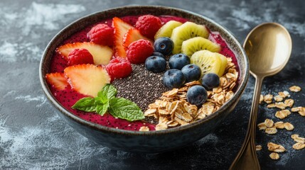 Healthy Fruit Smoothie Bowl with Berries and Granola Toppings