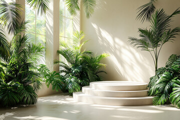 serene white podium surrounded by lush green palm foliage, with sunlight casting soft shadows in minimalist interior