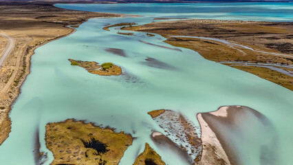 The delta of La Leona river flowing into Lago Argentino, Patagonia, Argentina