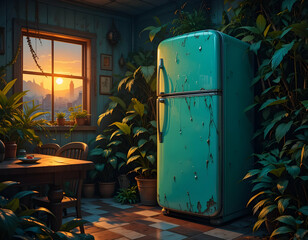 Vintage Refrigerator Surrounded by Plants in a Sunlit Indoor Setting