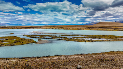 The delta of La Leona river flowing into Lago Argentino, Patagonia, Argentina