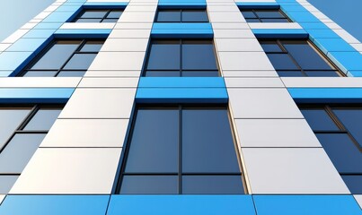 Modern Architecture of a Blue and White Building Facade with Large Windows Against a Clear Sky Creating a Contemporary Urban Scene