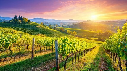 Naklejka premium Sunrise over rolling hills of vineyards, showcasing rows of grapevines and a picturesque landscape.