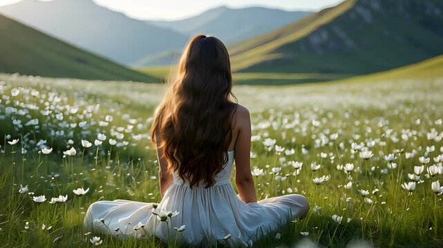 Woman sitting in serene flower field surrounded by green hills practicing mindfulness in peaceful natural setting

