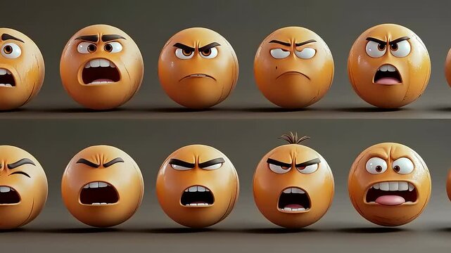 Orange Emotional Expressions: A 3D Model Sheet Displaying a Variety of Facial Expressions