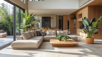 Fototapeta premium Modern living room with large windows and plants