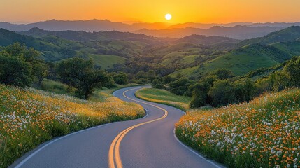 Fototapeta premium Winding road through wildflowers at sunset, mountain backdrop; idyllic travel scene