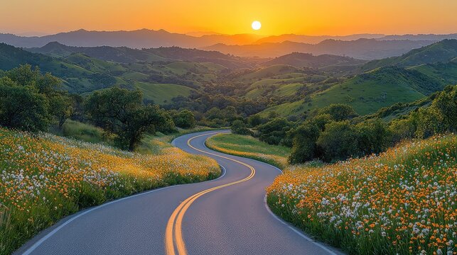 Winding road through wildflowers at sunset, mountain backdrop; idyllic travel scene