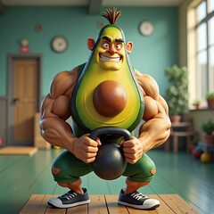 A stylized fitness avocado holding a heavy kettlebell while doing squats