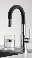 Modern faucet with water glass on stainless steel countertop