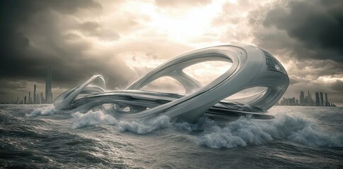 Obraz premium An Imaginative Futuristic Structure Floating Amidst Ocean Waves