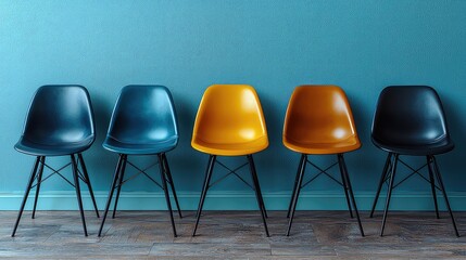 Five colorful chairs against a teal wall; job interview, waiting room, selection concept; for business websites