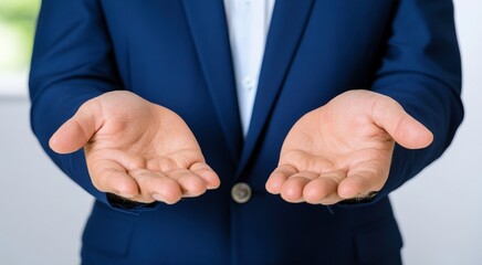 Obraz premium Open Hands Gesture Symbolizing Trust, Offer, Honesty, and Willingness in Business and Personal Situations with a Professional Suit Background