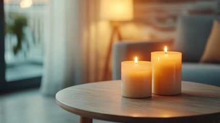 A pair of elegant candles casts a warm glow in a stylish living room, promoting a peaceful environment for relaxation and reflection in modern home decor.