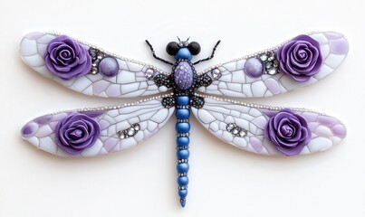 Fototapeta premium Intricate Mosaic Art Representation of a Dragonfly with Purple Roses and Blue Accents for Decorative or Artistic Use