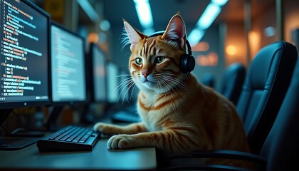 Cat on Desk with Monitors