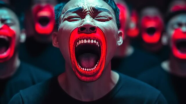 Dramatic scene of a group of individuals with open mouths, illuminated in red, expressing intense emotion