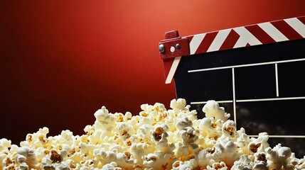Movie concept with popcorn and clapperboard on red background, cinematic theme emphasizing film industry, box office success, ticket sales, entertainment culture, celebration, New Year film releases a