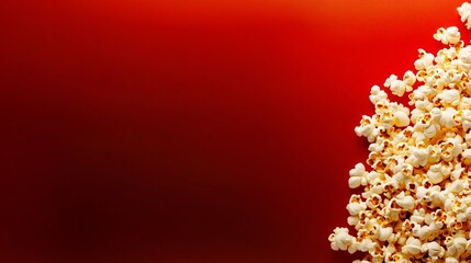 Movie concept with popcorn and clapperboard on red background, cinematic theme emphasizing film industry, box office success, ticket sales, entertainment culture, celebration, New Year film releases a