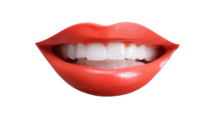 a close-up shot of a woman's mouth with bright red lipstick and a perfect smile, revealing a set of perfectly white teeth. The image is designed to evoke a sense of beauty, confidence.
