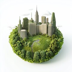 An artistic illustration showcasing a miniature cityscape on a green earth