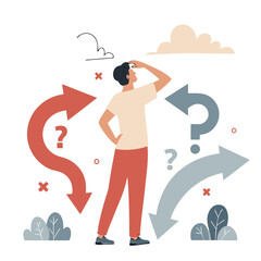 Confused Man in Business Attire Surrounded by Arrows and Question Marks Representing Uncertainty and Decision Making
