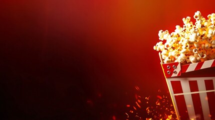 Movie concept with popcorn and clapperboard on red background, cinematic theme emphasizing film industry, box office success, ticket sales, entertainment culture, celebration, New Year film releases a