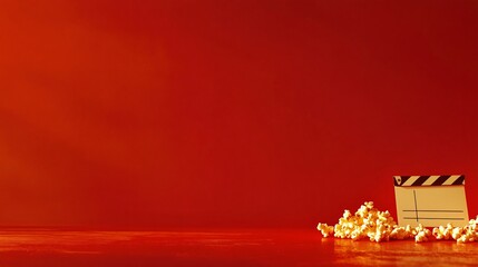 Movie concept with popcorn and clapperboard on red background, cinematic theme emphasizing film industry, box office success, ticket sales, entertainment culture, celebration, New Year film releases a