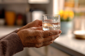 Senior person holding a glass of water with pills in bright kitchen setting