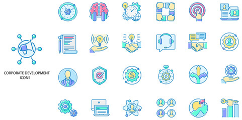 Corporate Development simple concept 24 color icons set. Contains such corporate, business, training, speech, workshop, presentation .Vector illustration.