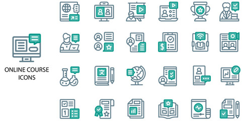 Online Course simple concept 24 color icons set. Contains such training, online course, library books .Vector illustration.