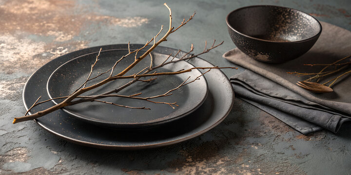 A sophisticated table setting featuring a dark stoneware plate with thin, dried plant branches placed artfully on top. The background is textured with a distressed, grunge-style surface in shades of g