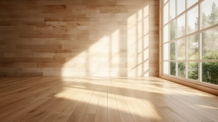 Sunlight streaming into a room with wood floors and walls
