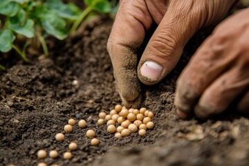 Hands planting seeds in rich soil during the early morning hours in a rural garden setting
