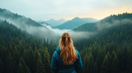 A contemplative woman with long hair gazes at a stunning panoramic view of misty mountains and dense forests, evoking a sense of wonder and connection with nature.