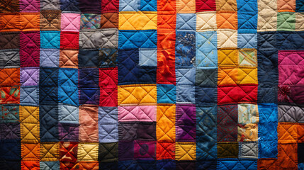 A photo of a traditional, colorful patchwork quilt showcasing vibrant patterns and intricate stitching details.

